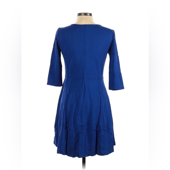 Lark & Ro Solid Royal Blue A-Line Dress V Neck 3/4 Sleeves Skater Fit and Flare - Picture 2 of 7